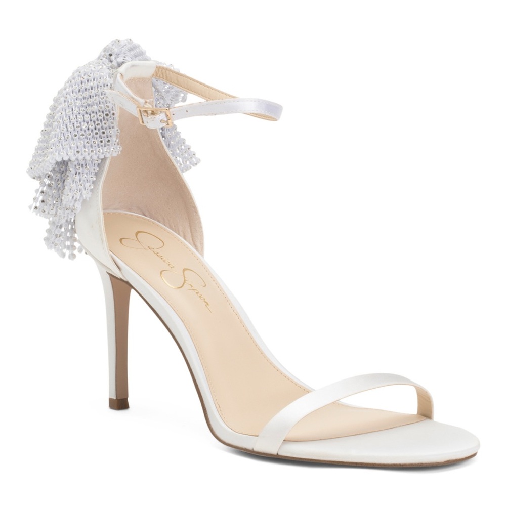 Jessica Simpson. White Satin Heels with Silver Accents. Size 8.5